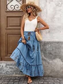 Brillora Women's Printed Casual Denim Mini Skirt - Medium Wash - View 5