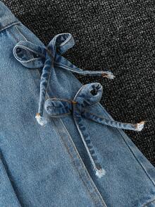 SHEIN ChillGRL Culotte casual de niña preadolescente en azul desgastado vintage con lazo lateral y diseño plisado, cintura cómoda, culotte de mezclilla versátil, nueva llegada - Lavado ligero - Ver 7