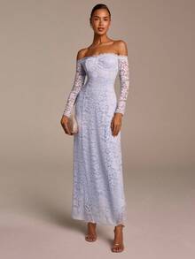 COSMINA Women's Elegant Lace Patchwork Ruched Off Shoulder Long Sleeve Maxi Dress,Light Blue Autumn Tropical Cocktail Formal Wedding Party Baby Blue Gown - Baby Blue - View 1