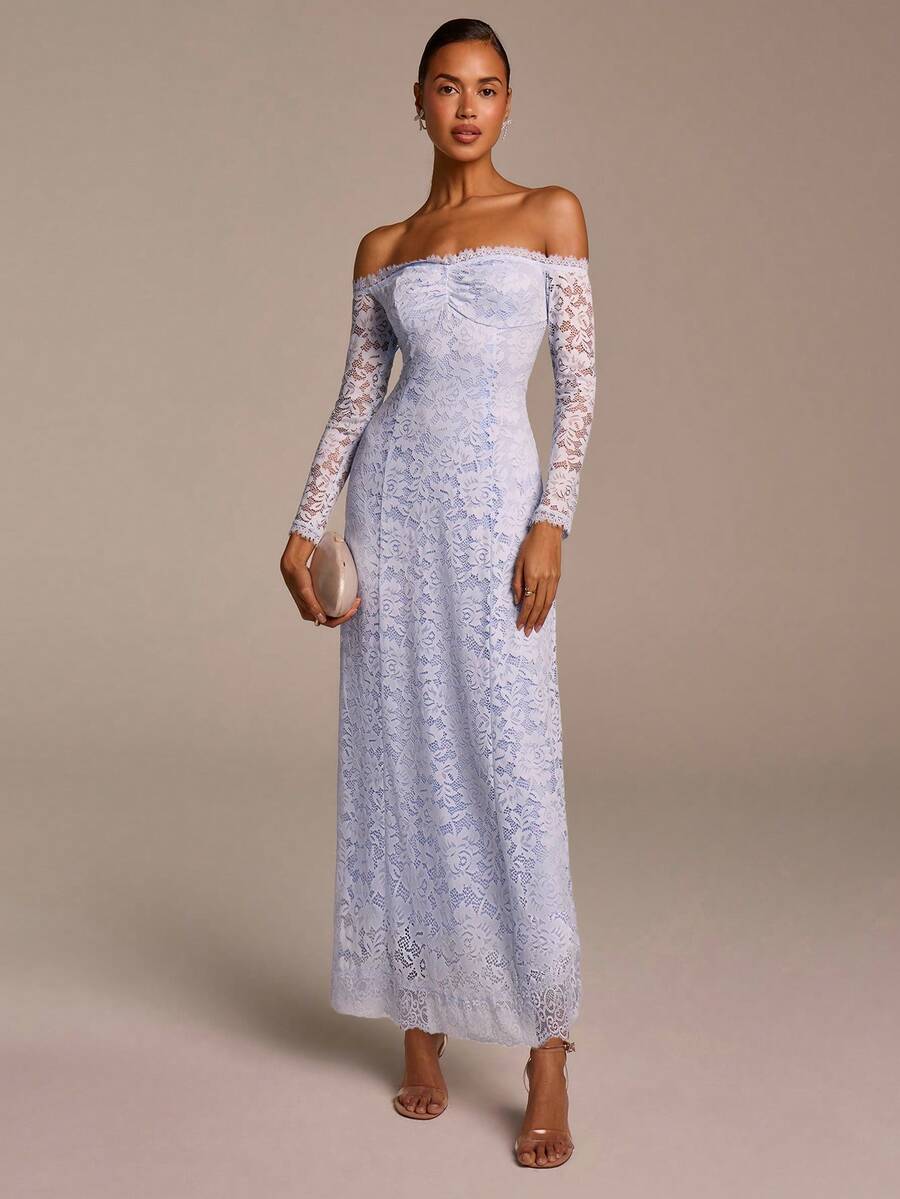 COSMINA Women's Elegant Lace Patchwork Ruched Off Shoulder Long Sleeve Maxi Dress,Light Blue Autumn Tropical Cocktail Formal Wedding Party Baby Blue Gown - Baby Blue - View 1