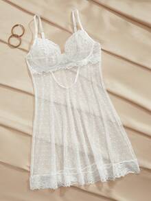 Charlaine Women's White Printed Mesh Sexy Lace Bow Nightgown - White - View 9
