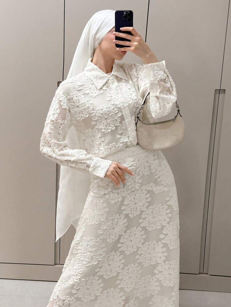 Women's Elegant Floral Lace Blouse And Skirt 2 Pieces Set, Spring/Summer