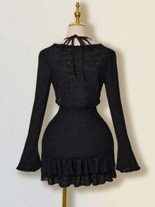 SHEIN ICON 针织提花层叠荷叶边吊带裙和吊带背心套装 - 黑色 - 查看 2