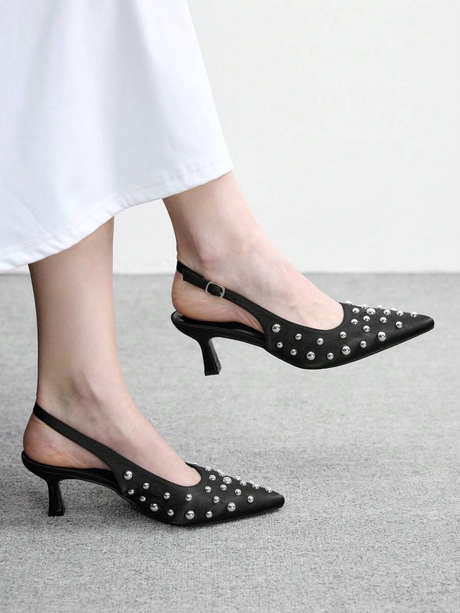 CUCCOO BIZCHIC Giày cao gót mũi nhọn quai hậu thời trang có đinh tán dành cho nữ. - màu đen - Xem 1