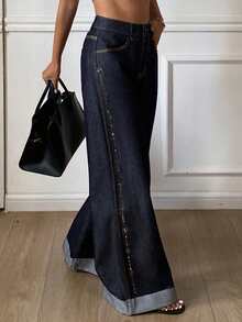 DAZY 女士西部牛仔风卷边撞色水钻装饰宽松阔腿牛仔裤，春秋季休闲街头风长裤 - 藍色 - 查看 5