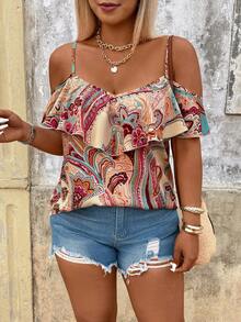 Breezaya Camisa estampada para mujer de talla grande, adecuada para citas, vacaciones románticas, uso diario casual, moda versátil, primavera/verano - Multicolor - Ver 6