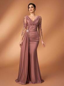 Serin 优雅奢华的镶钻串珠拼接弹力针织泳衣，褶皱美人鱼裙摆，薄纱袖子，适合婚礼、派对、度假、新娘、新娘母亲晚礼服 - 藕粉色 - 查看 1