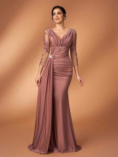 Serin Elegant Luxurious Rhinestone Beaded Splice Elastic Knit Swimsuit With Ruched Mermaid Skirt, Sheer Sleeves, Suitable For Wedding, Party, Holiday, Bridal, Mother Of The Bride Evening Gown