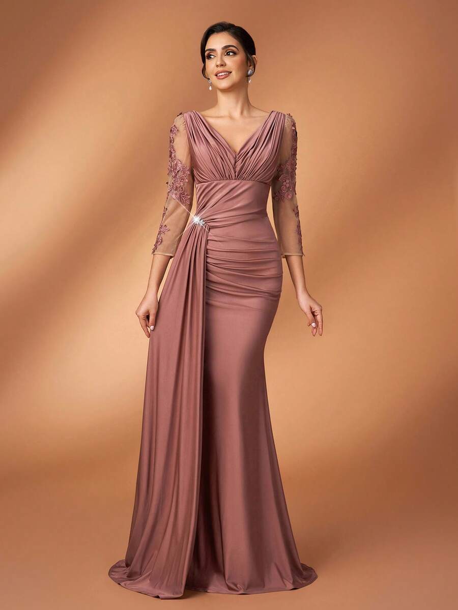 Serin 优雅奢华的镶钻串珠拼接弹力针织泳衣，褶皱美人鱼裙摆，薄纱袖子，适合婚礼、派对、度假、新娘、新娘母亲晚礼服 - 藕粉色 - 查看 1