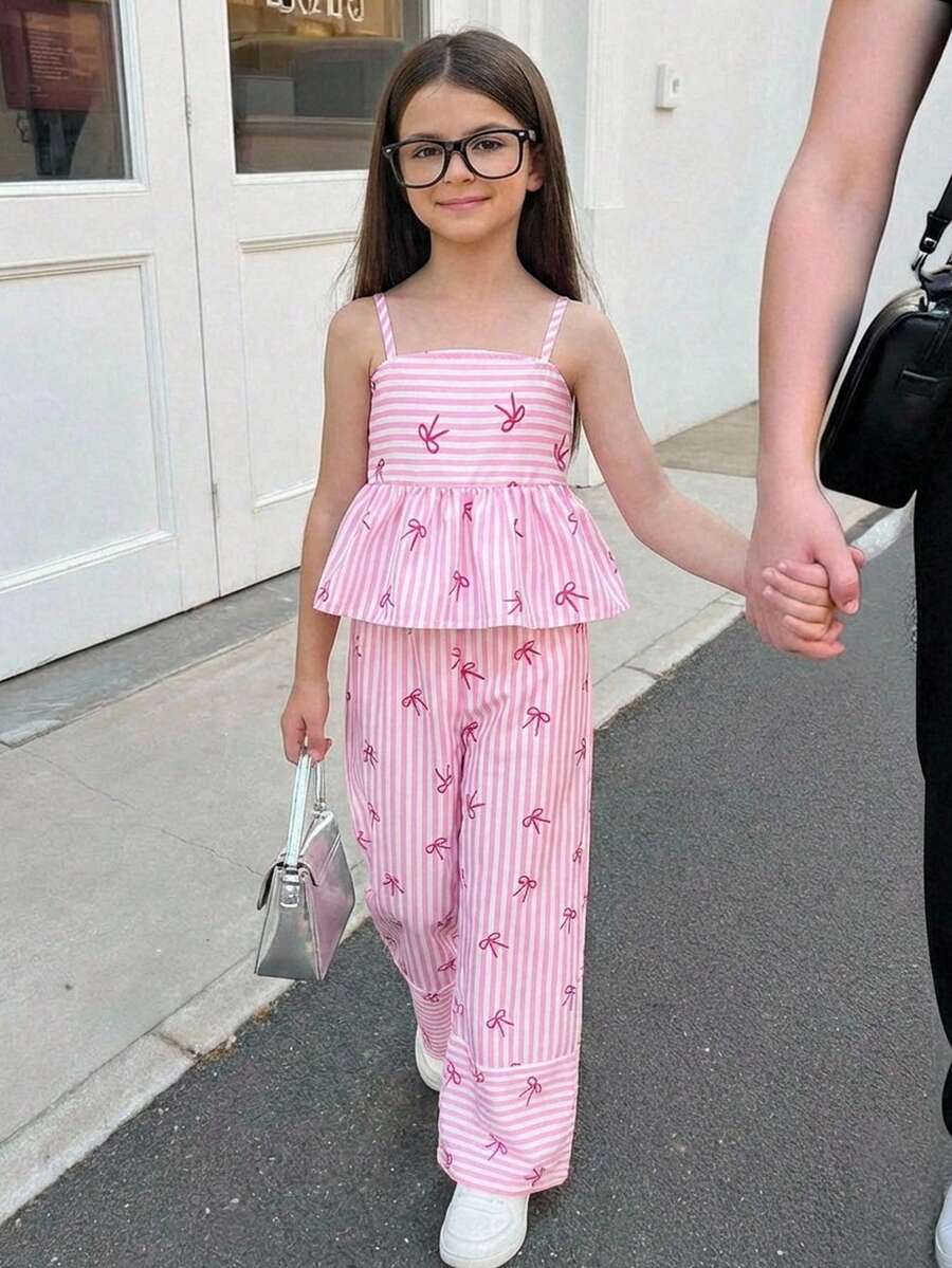 Firerie Kids 2pcs/Set Young Girls' Pink Bow Striped Camisole Top + Loose Pants Suit, Casual, Fashionable, Versatile, Suitable For Outings, Sister Photo Shoots, Park Trips, Camping, Vacation, Daily Leisure - Pink - View 1