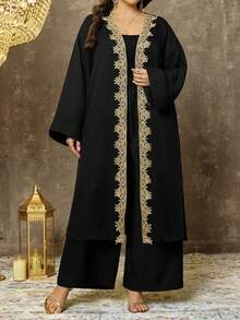 EMERY ROSE Plus Size Long Shirt Cardigan Top And Straight Leg Pants Two Pieces Casual Vacation Set - Coffee Brown - View 1