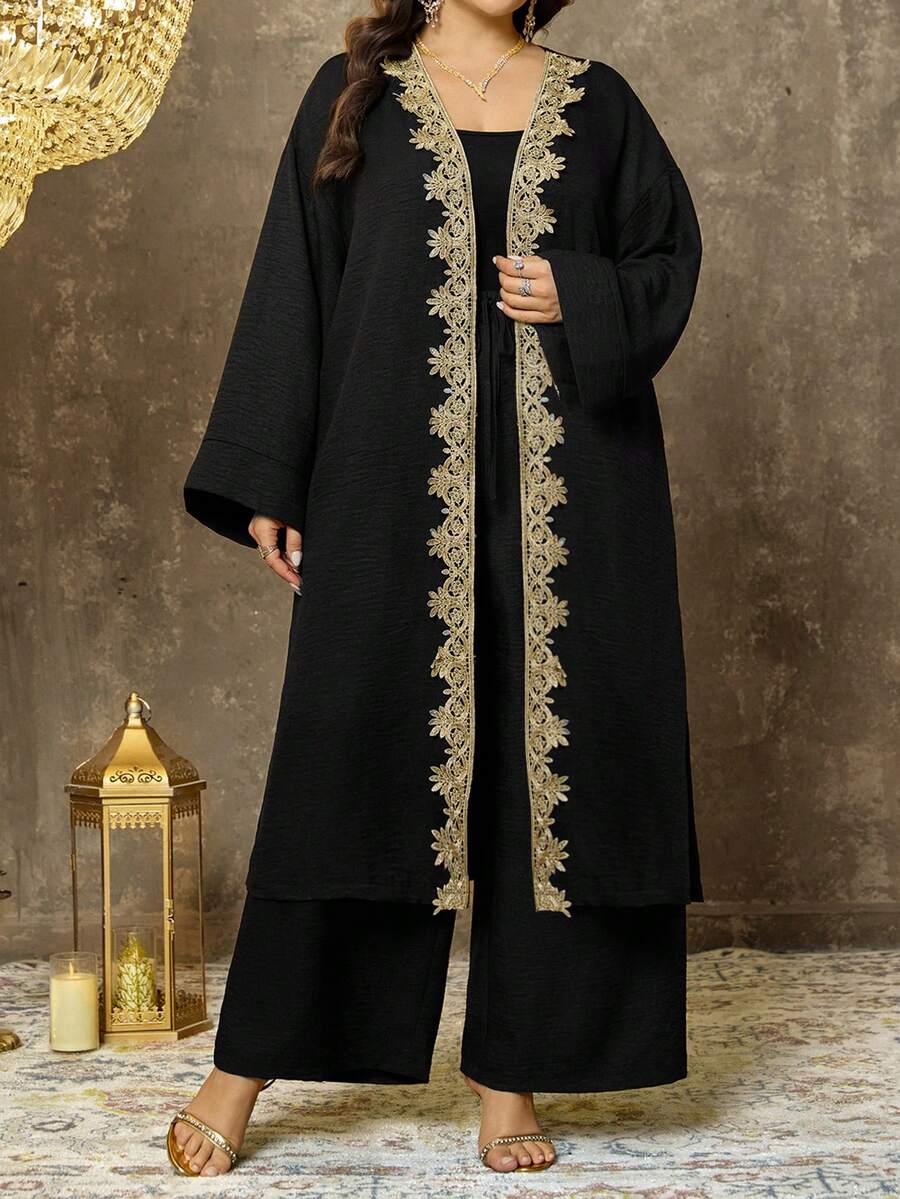 EMERY ROSE Plus Size Long Shirt Cardigan Top And Straight Leg Pants Two Pieces Casual Vacation Set - Coffee Brown - View 1