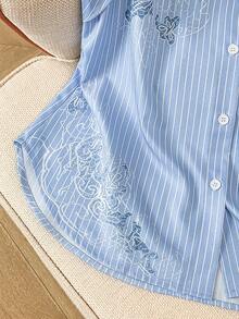 GlowEve 女士条纹印花极简无袖衬衫，休闲日常穿着 - 藍色 - 查看 7