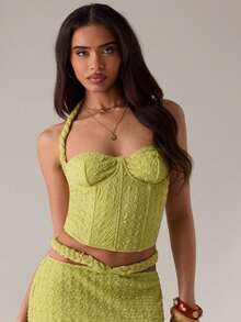 SHEIN BAE Mustard Green Beach Holiday Halter Neck Crochet Textured Seamless Bralette, Suitable For Beach Holiday, Green Seamless Bra, Summer Camisole, South France Holiday, Ibiza - Green - View 5