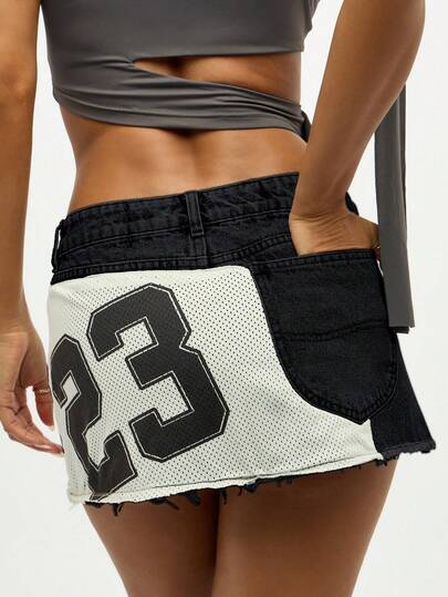 SUMWON WOMEN Vintage Denim Mini Skirt With Number Patchwork Design Frayed Hem Festival Party Wear
