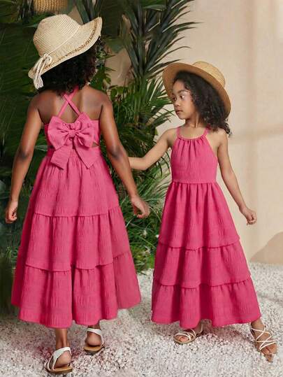 Sparklyn Toddler Girls' Summer New Spaghetti Strap Backless Bow Decor Sleeveless A-Line Textured Fabric Casual Red Dopamine Dress