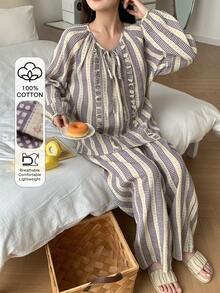 DAZY 2pcs Sweet Plaid & Ditsy Floral Ruffle Trim Long Sleeve Top And Pants Pajama Set, Spring/Autumn - Purple - View 1