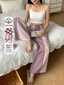 DAZY Plaid & Striped Patchwork Loose Women Pajama Bottoms - Red - View 5