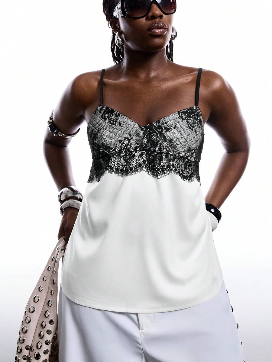 LYSMO 大码女式撞色蕾丝吊带背心 女士夏季穿搭 女士吊带上衣 女士漂亮上衣 女士吊带背心 女士吊带背心 大码背心 吊带背心 大码女式上衣 - 白色 - 查看 1