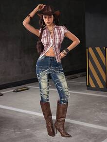 Flirla Women's Fashion Patchwork Y2K Elastic Fitted Sexy Skinny Jeans - Dark Wash - View 5
