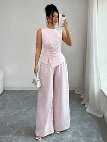 Elenzga Women's Pink Round Neck Sleeveless Pleated Split Asymmetrical Hem Camisole & High Waist Wide Leg Pants Set, Elastic Cinched Waist Design, Fashionable, Elegant, Youthful - Pink - View 5