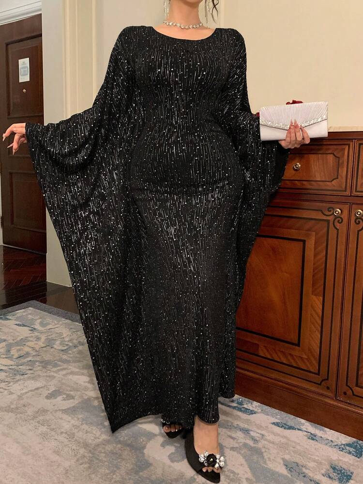Spring & Summer Black Shiny Sequin Batwing Shawl Collar Dress, Elegant For Valentine's Day, Wedding, Party, Formal Occasion, Fashion Event, Slim Fit, Flared Hem, Long Sleeve Dress For Women Sundress
