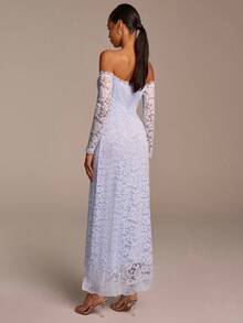 COSMINA Women's Elegant Lace Patchwork Ruched Off Shoulder Long Sleeve Maxi Dress,Light Blue Autumn Tropical Cocktail Formal Wedding Party Baby Blue Gown - Baby Blue - View 2