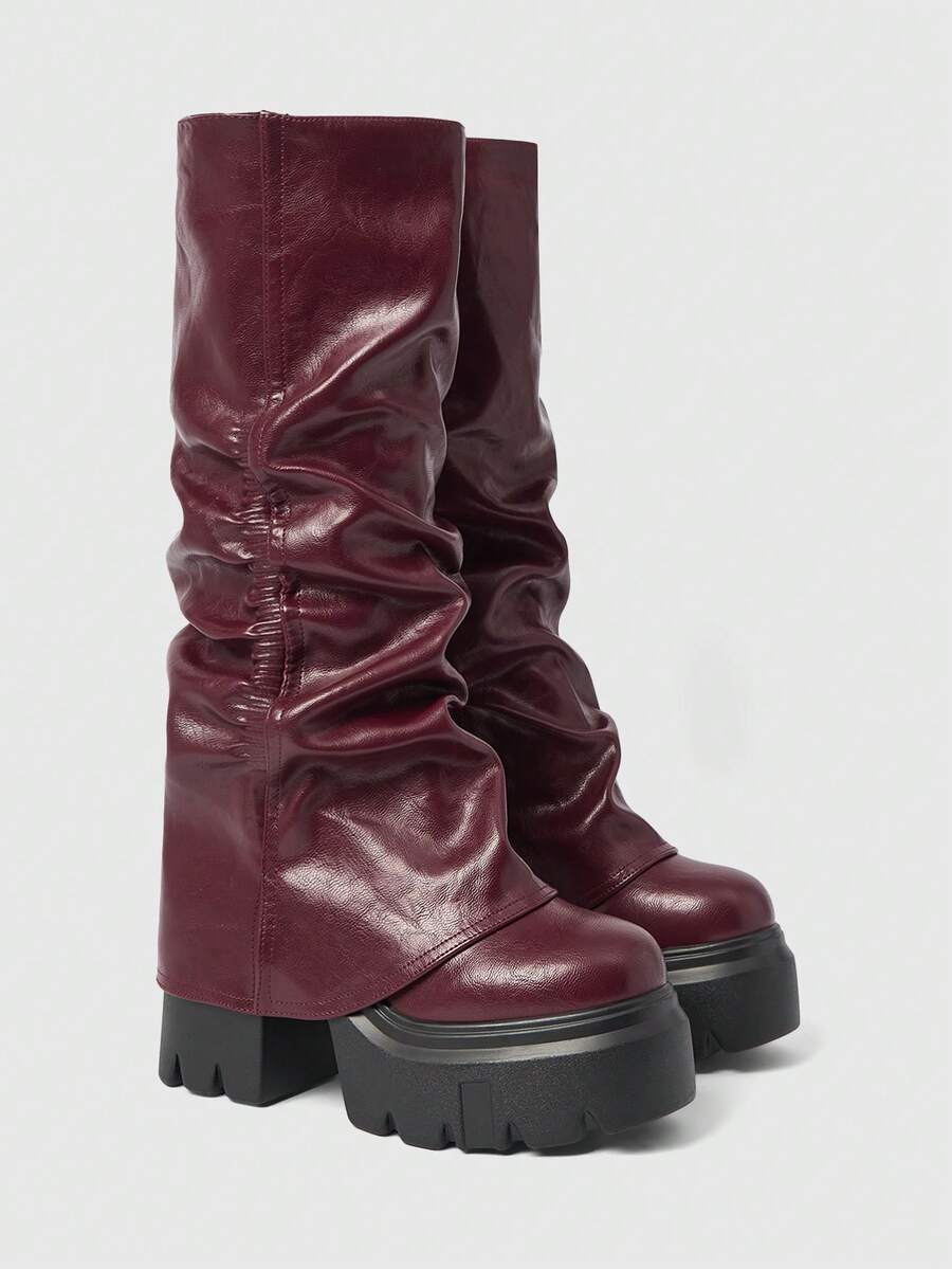 Sugerpunk 女士高跟凉鞋~ 2026 新款时尚秋冬朋克风深色 PU 高跟粗跟棕色高筒裤靴，及膝靴，超高跟靴 - 酒紅色 - 查看 1