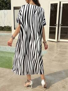 Vivie Lora Women's V-Neck Loose Vertical Striped Ruffle Hem Mid-Length Dress - Black and White - View 4