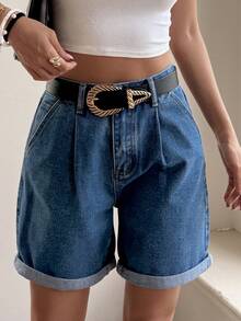 DAZY Pantalones cortos de mezclilla plisados sueltos y casuales para mujer - Azul - Ver 7