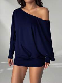 SHEIN PETITE 性感斜肩长袖修身迷你连衣裙，街头风音乐节必备，夏季女装 - 藏蓝色 - 查看 11