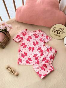 SHEIN Bộ đồ mặc nhà tay ngắn màu hồng dễ thương, kiểu dáng thường ngày cho bé gái, có nơ trang trí. - Hồng - Xem 6