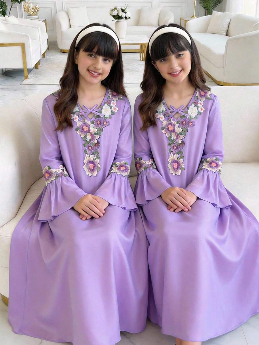 少女休闲可爱蝴蝶印花刺绣3D蝴蝶喇叭袖睡袍 - 紫色 - 查看 1