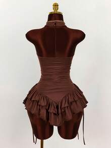 Amplova Ruffled High Neck Asymmetric Hem Cinched Waist Mini Dress - Brown - View 2