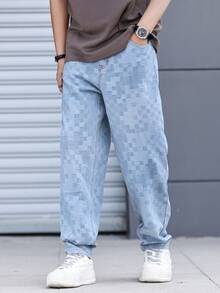 RivetRise Men's Casual Fashionable Street Chic Daily Commute Checkered Textured Washed Slim Fit Jeans Baggy Jeans Men - Light Wash - View 1