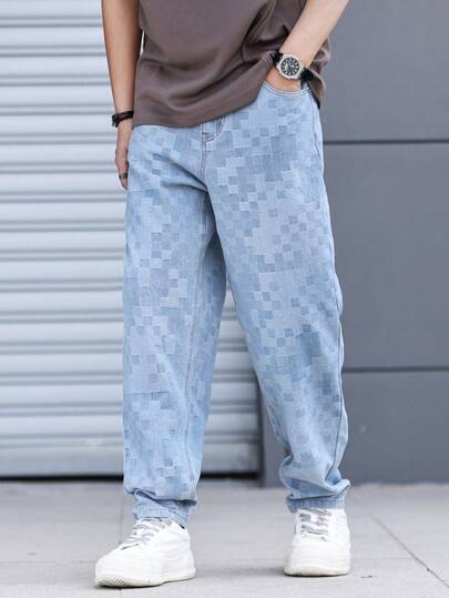 RivetRise Men's Casual Fashionable Street Chic Daily Commute Checkered Textured Washed Slim Fit Jeans