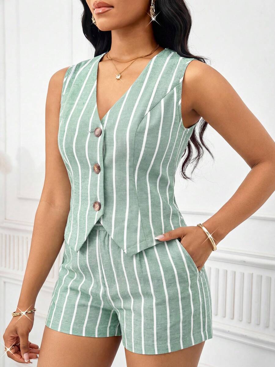 SHEIN Lady Women's Summer Casual Commuter Striped Vest & Shorts 2 Pieces Set - Multicolor - View 1