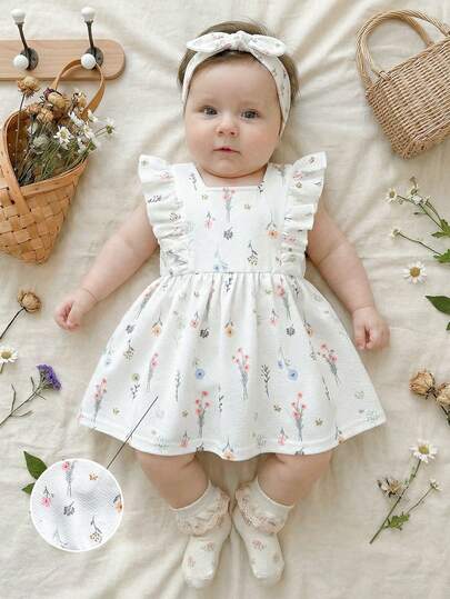 SHEIN Vintaside Kids Newborn Baby Girl Ditsy Floral Square Collar Ruffle Hem Cute Dress