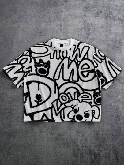 Manfinity ZONE917 Camiseta de manga corta con estampado de perro "SHOW ME" en todo el diseño, estilo callejero suelto y corto, en color negro con graffiti, con un ajuste oversize, esencial para citas y reuniones, un gran regalo para el novio