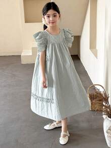 Dazy Kids Vestido de verano informal con volantes en las mangas para niñas preadolescentes, estilo vacacional de unicolor - Verde - Ver 7