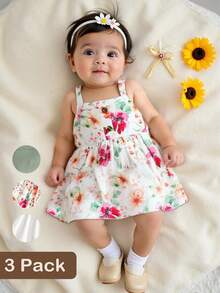 SHEIN Conjunto de 3 piezas de vestido de punto acanalado de unicolor y floral elegante para bebés recién nacidas, adecuado para uso al aire libre - Verde - Ver 8