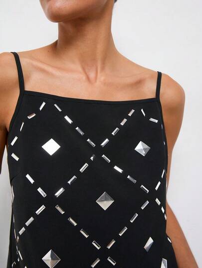 Maija Débardeur noir pour femmes avec décoration en feuille de métal, design de bretelles dos ajouré