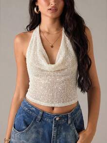 SHEIN BAE Women's Summer Sexy Bohemian Beach Vacation Tie-Dye Halter Backless Top , Summer ,Party ,Beach,Cute Top,Club Sexy,Sheer Mesh Top - Apricot - View 4