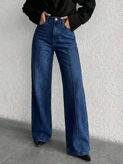 Jeans o vaqueros wide leg, pierna ancha, mezclilla que no estira con costura en la parte delantera estilo informal y retro de mujer para todas las estaciones