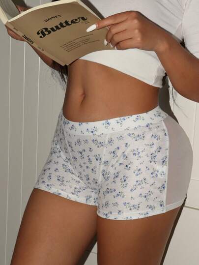 Lowkey Lull Bragas tipo short cómodas y acanaladas con estampado floral azul y blanco en estilo Y2K para mujer