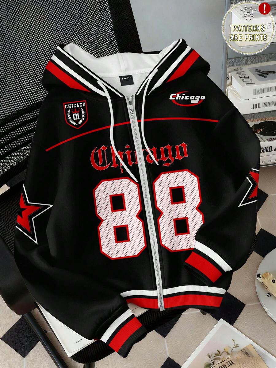Attitoon Sweatshirt Kasual Longgar Berkerudung Gaya Vintage Hitam & Merah dengan Motif Cetak Huruf & Angka Inggris, Bukaan Depan, Cocok untuk Jalan-jalan, Streetwear Y2K - MultiWarna - View 1
