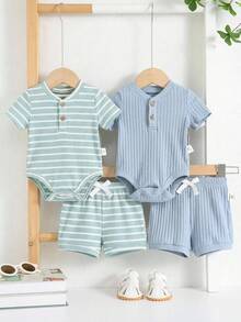 4pcs/Set Newborn Baby Boy/Girl Summer Cute Striped Blue Short Sleeve Romper & Shorts 4-Piece Outfit, Suitable For Home & Outings - Multicolor - View 8