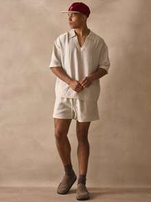Musero Oversized Short Sleeve Deep V Neck Collared Drop Shoulder Thick Hem Linen Shirt Spring Summer Essentials Beachy Holiday - Apricot - View 5