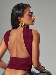 Hauture Business Office Sexy Fall Soft Brushed Sweetheart Ruched Pleated Backless Halter Top - Burgundy - View 2