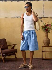 ROMWE MEN Street Life Pantalones cortos casuales de hombre con cintura con cordón y estampado jacquard, estilo escolar para uso diario - Azul - Ver 6